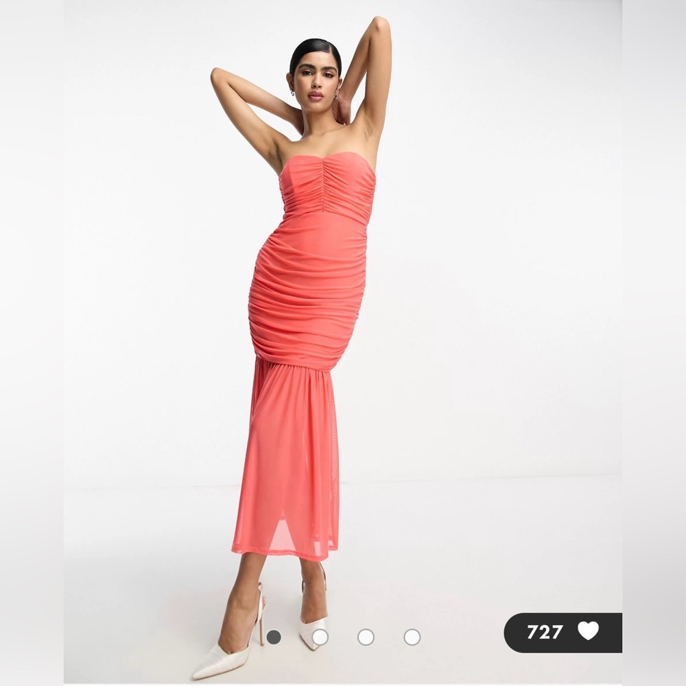 ASOS DESIGN mesh ruched bodycon bandeau flared hem midi dress in coral
